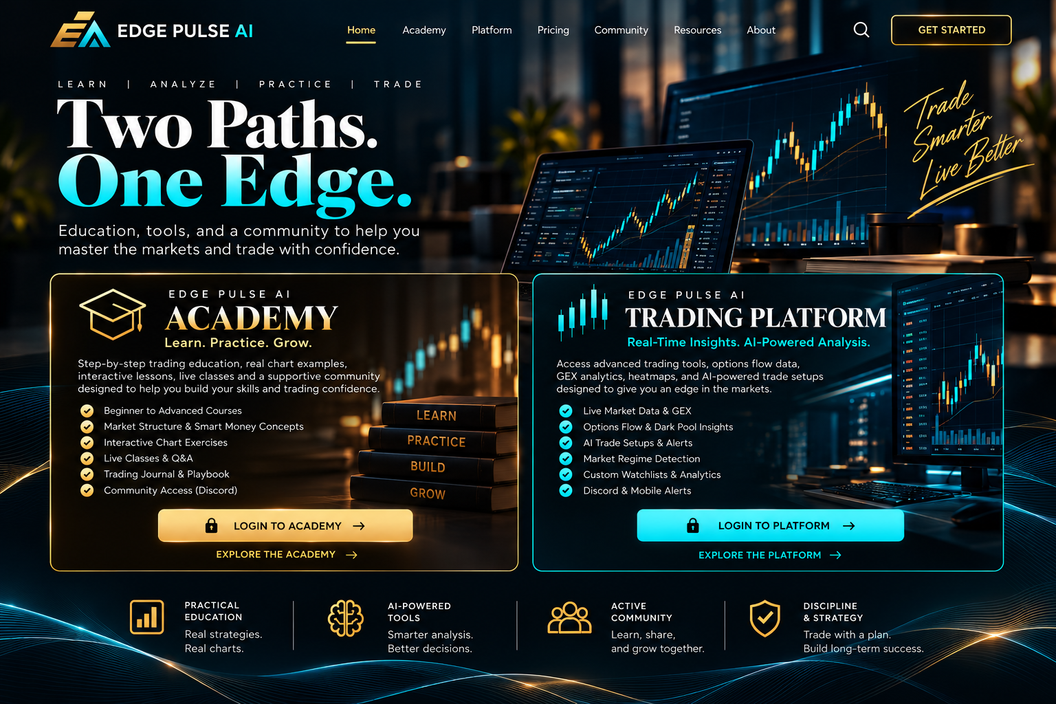 Two Paths. One Edge. Trading education and tools from Edge Pulse AI. Academy: courses, interactive charts, live classes, trading journal and community. Trading platform: market analytics, options flow and AI-powered analysis. Platform coming soon.